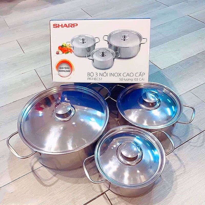 Bộ 3 nồi inox Sharp dùng bếp từ, bếp ga, bếp hồng ngoại Misy Home size 16 20 24 cm xoong nồi nấu ăn nấu mì kho cá bếp từ