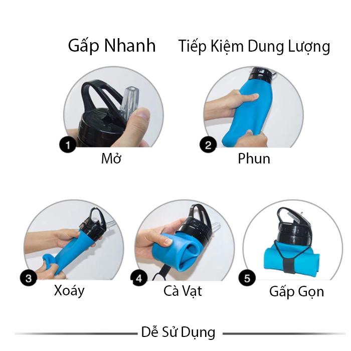 Bình nước thể thao gấp gọn 600ml chuyên dụng phượt, gym cao cấp