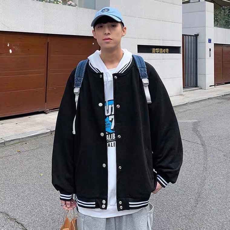 Áo khoác bomber unisex trơn - Áo khoác bóng chày chất kaki 2 lớp phối bo đen trắng là điểm nhấn
