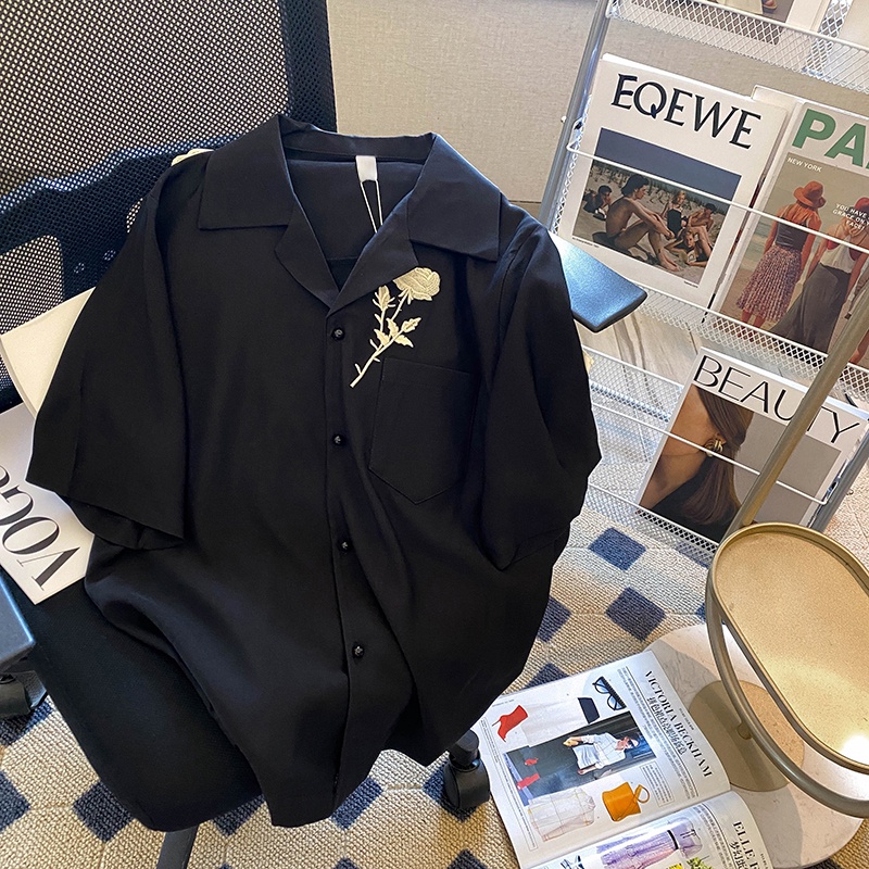 Áo Sơ Mi Nữ Ngắn Tay Màu Đen Thêu Hoa Hồng Thời Trang