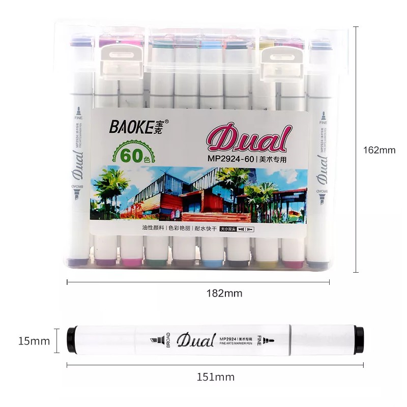 Bút màu Dual Marker 60 màu Baoke MP2924-60 (Tặng 1 hộp bút bi)