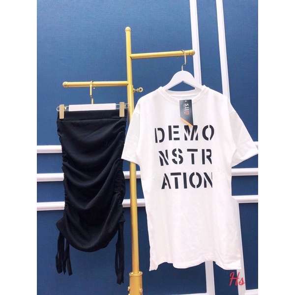 Set áo thun ngắn tay demo + chân váy rúm rút hông