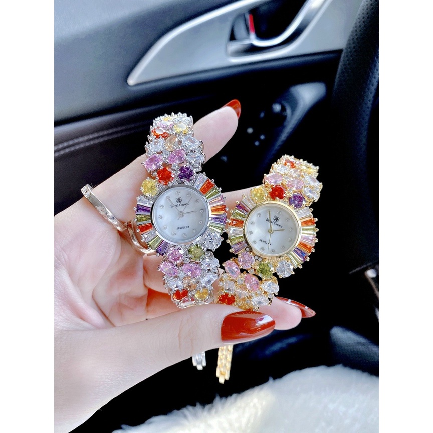 Đồng hồ đeo tay nữ chính hãng, đồng hồ nữ ROYAL CROWN đính full kim cương nhân tạo siêu cao cấp, sang chảnh dành cho nữ