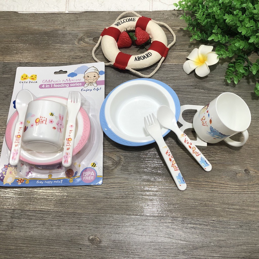 [Sale] BỘ BÁT KÈM CỐC THÌA DĨA CHỐNG ĐỔ CUTE DUCK