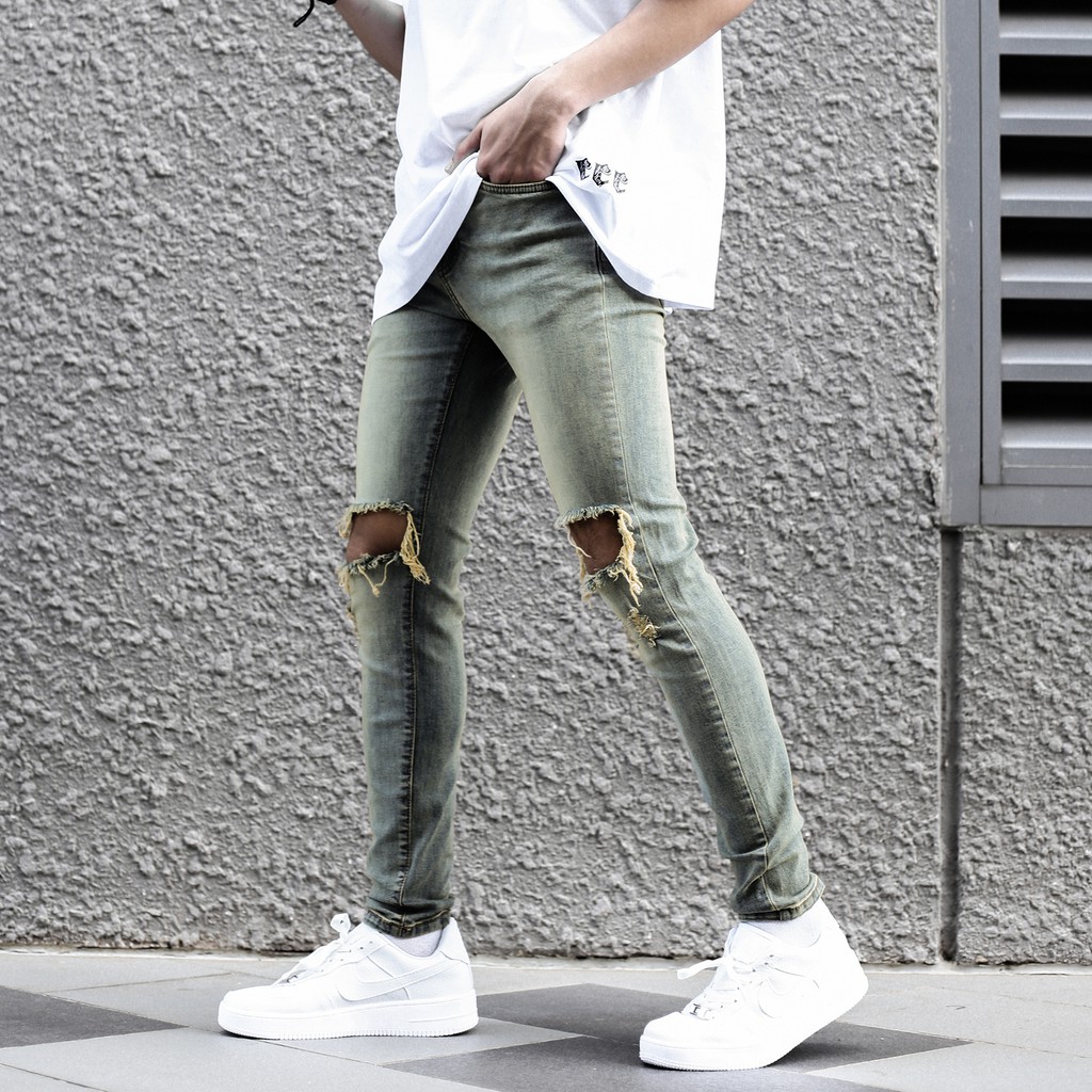 Quần Skinny Jeans Nam-Màu Xanh Bạc-Rách Gối To-Chất Liệu Cotton Co Giãn-Ống Đứng Dáng-Ống Ôm Chân Chuẩn Skinny | BigBuy360 - bigbuy360.vn