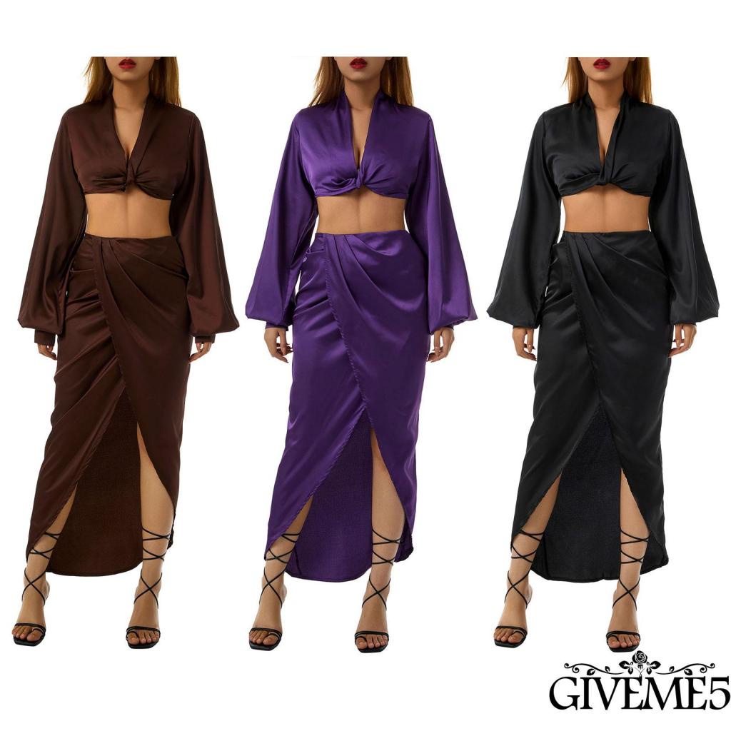 Set đồ 2 món áo croptop tay dài phồng + chân váy lưng cao xẻ tà màu trơn gợi cảm cho nữ