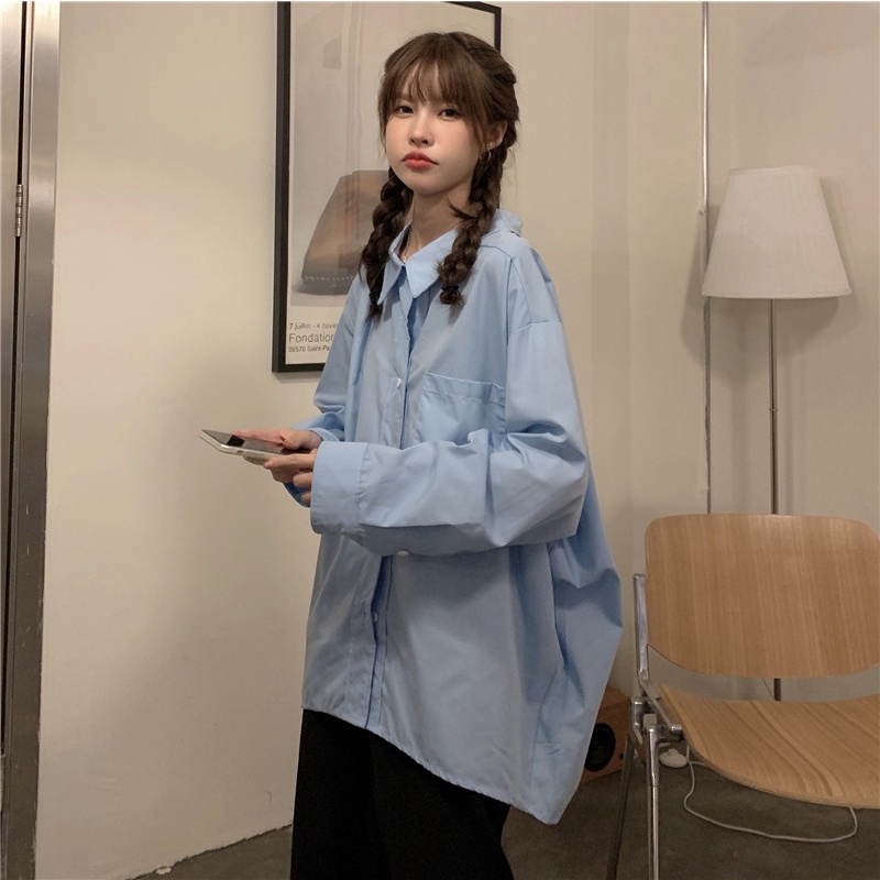 【ZHELIHANGFEI】Áo Sơ Mi Tay Dài Dáng Rộng Cổ Bẻ Dễ Phối Đồ Hợp Thời Trang