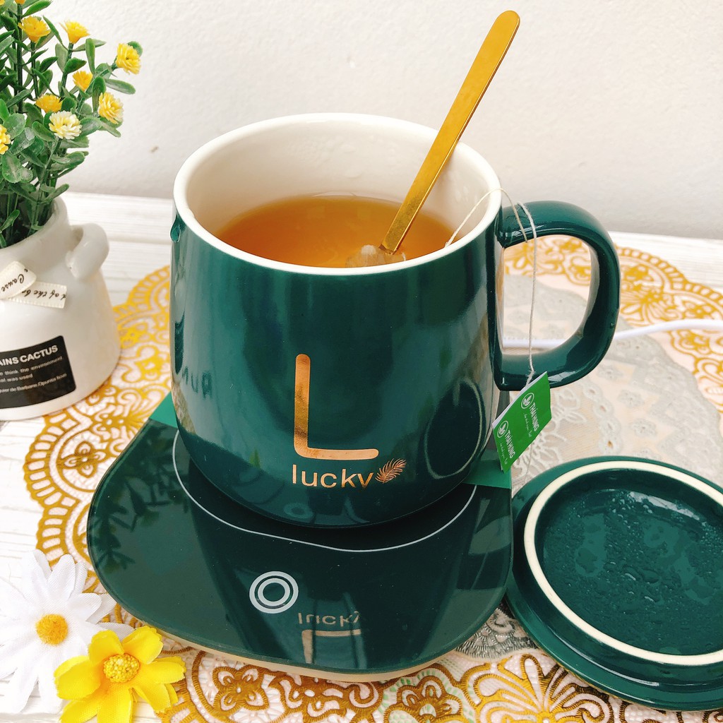 Bộ Hâm Nóng Đồ LUCKY  Giữ Nhiệt Hâm Nóng Đồ Uống 460ml Gồm Cốc, Đế Điện, Thìa Mạ Vàng Sang Chảnh