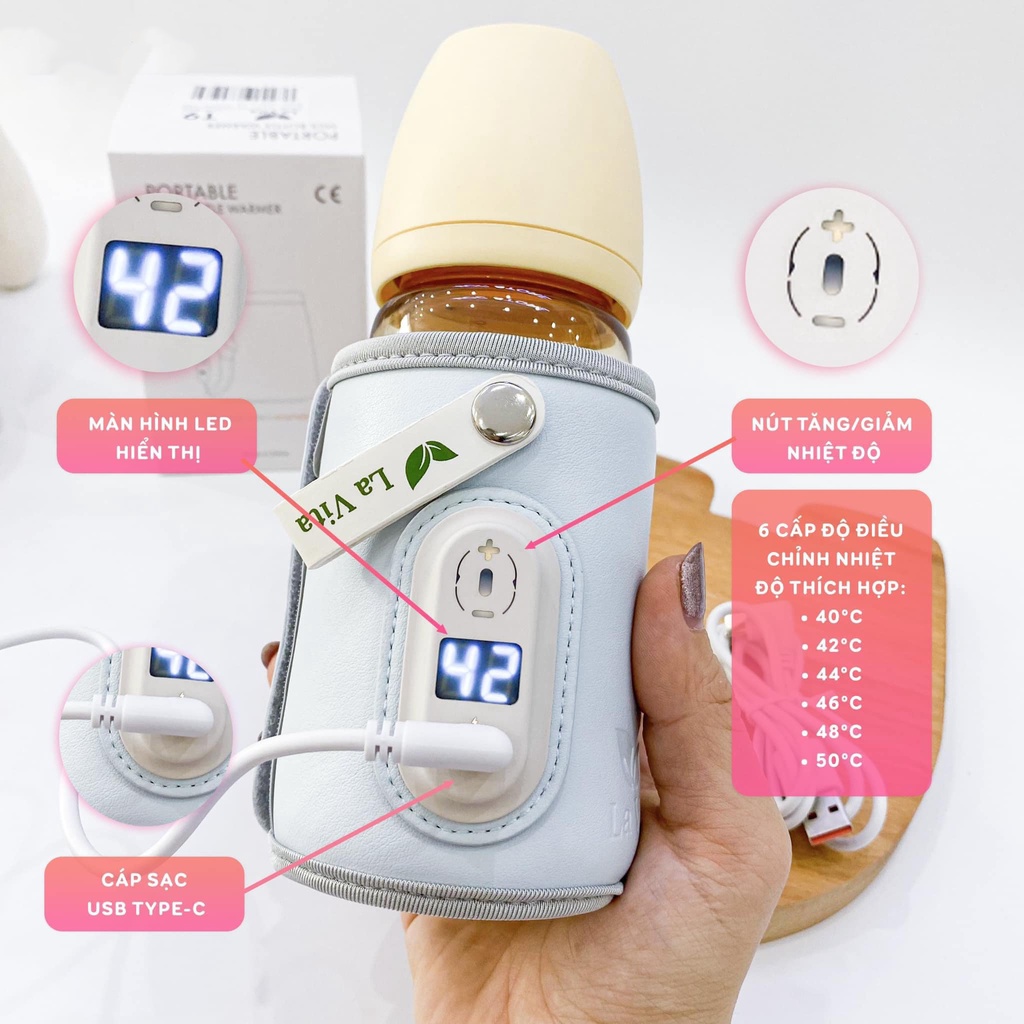 Túi hâm sữa Lavita di động, ủ bình sữa thông minh, giữ nhiệt bình bằng USB cho bé