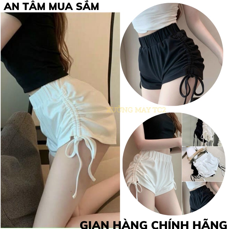 Quần sooc dây rút hông 2 màu chất dãn 4 chiều quần đùi dây rút 2 bên giãn màu đen trắng XƯỞNGMAYTC2