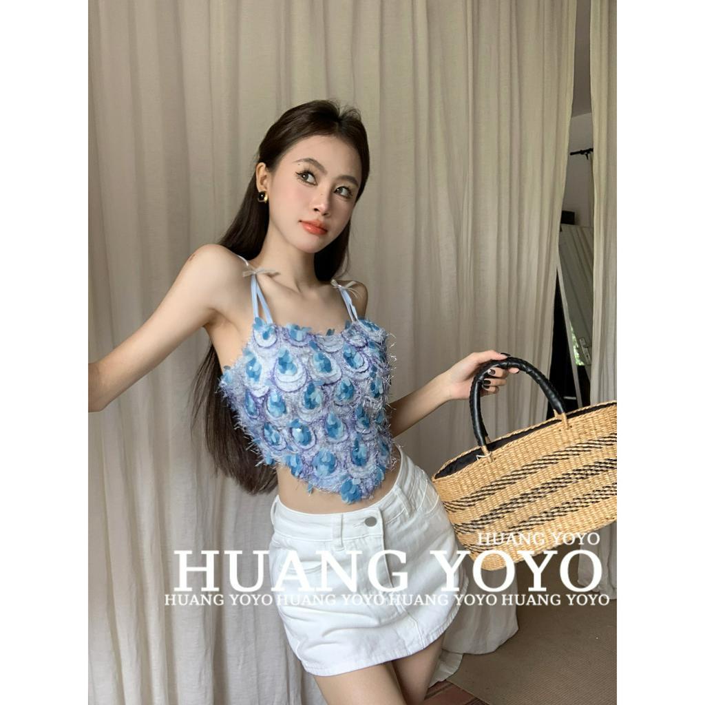 Áo Croptop Hai Dây Dáng Ôm Đính Kim Sa Và Nơ Hở Lưng Quyến Rũ Thời Trang Mùa Hè Mới Cho Nữ