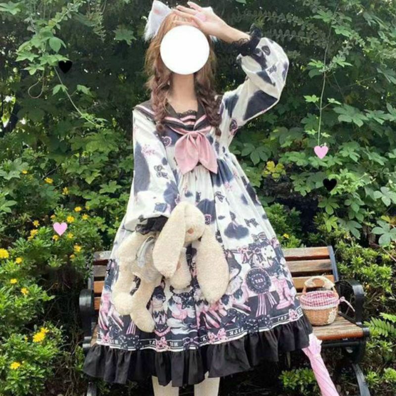 Đầm Lolita Hoạ Tiết Mèo Bò Sữa