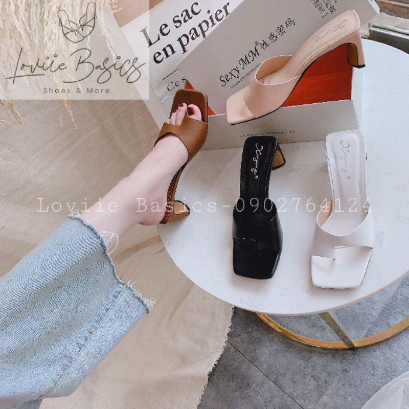 LOVIIE BASICS - DÉP CAO GÓT 5P QUAI NGANG XỎ NGÓN - DÉP GUỐC CAO GÓT ĐẾ VUÔNG 5CM ĐEN- TRẮNG- DÉP CAO GÓT 5P- D200770