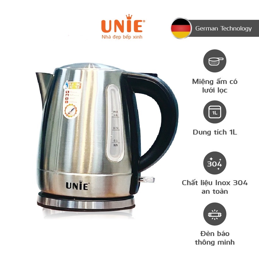 Ấm siêu tốc, bình đun nước inox Unie UE-300 1 Lít, công suất 1850W bảo hành chính hãng 12 tháng -NM