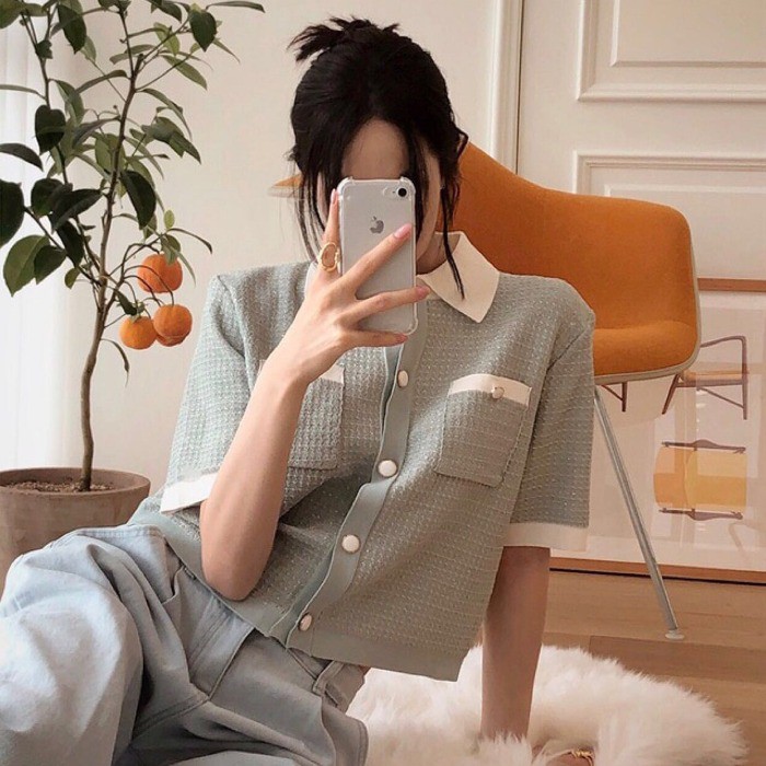 Áo kiểu nữ Thiết kế Ngắn tay Retro Chất Lụa Retro Ulzzang Hàn Quốc Áo nữ kiểu Thiết kế Tay ngắn Kiểu Pháp