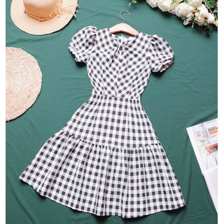 Đầm caro công sở trẻ trung thiết kế xòe tay ngắn thời trang sọc đen trắng hợp đi làm đi chơi - Lux W