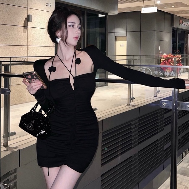 Đầm Đen Dài Tay Bó Hông Cột Dây Gợi Cảm Cho Nữ