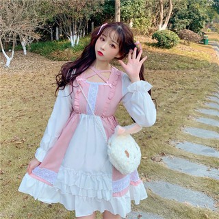 Đầm baby doll tay dài lolita dễ thương váy xòe phối ren ulzzang ( 2 màu )