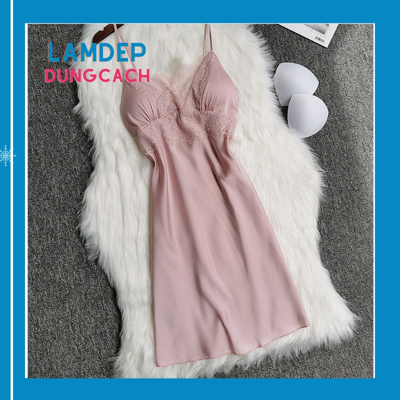 Váy Ngủ Lụa Satin Cao Cấp Sexy 2 Dây Đẹp Màu Đỏ, Hồng, Xanh, Trắng Đen Full Size -LAMDEPDUNGCACH - MNT130
