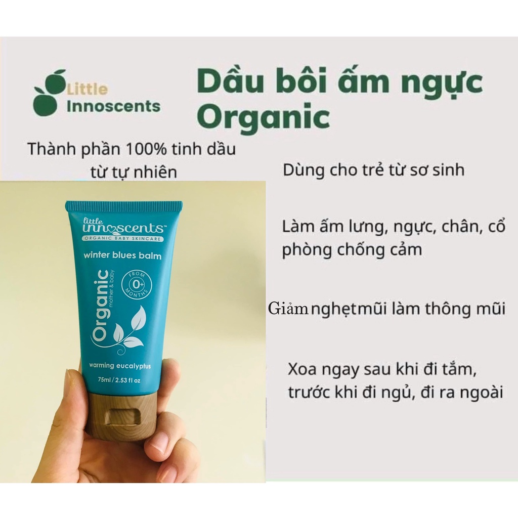 Dầu bôi giữ ấm ngực Organic cho bé dầu thoa Organic winter blue balm Úc phòng cảm lạnh cảm gió ho ngạt mũi 75ml