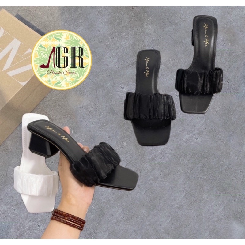 Guốc bản ngang voan nhún gót vuông 5 cm