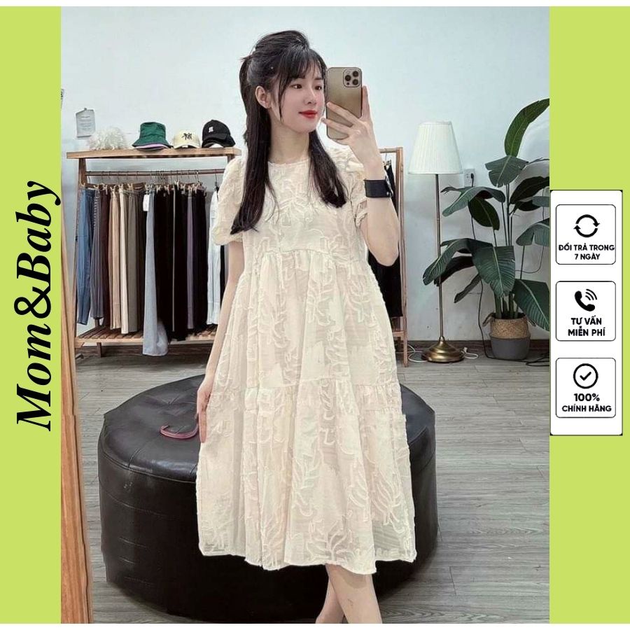 Váy bầu ngắn tay thời trang thiết kế công sở xinh xắn vải voan lông mềm mát Mom and Baby M526