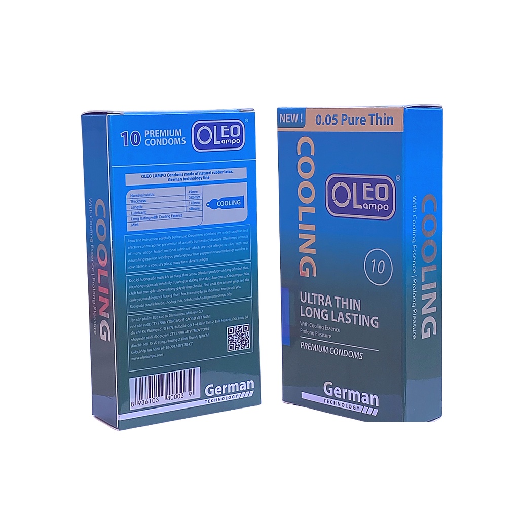 Bao cao su siêu mỏng, gân gai OLEO  COOLING GERMAN 0.05mm 10s. Bao cao su siêu mỏng, gân gai, chống xuất tinh sớm.