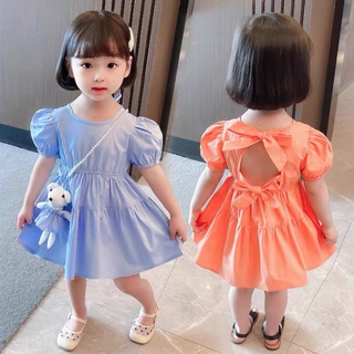 Váy bé gái, đầm trẻ em khoét lưng kèm gấu điệu đà đáng yêu mùa hè