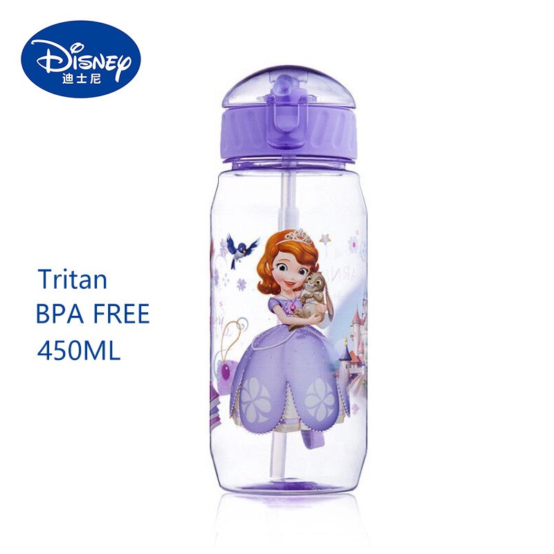 Bình nước 450ml có ống hút hình nhân vật hoạt họa Disney cho bé