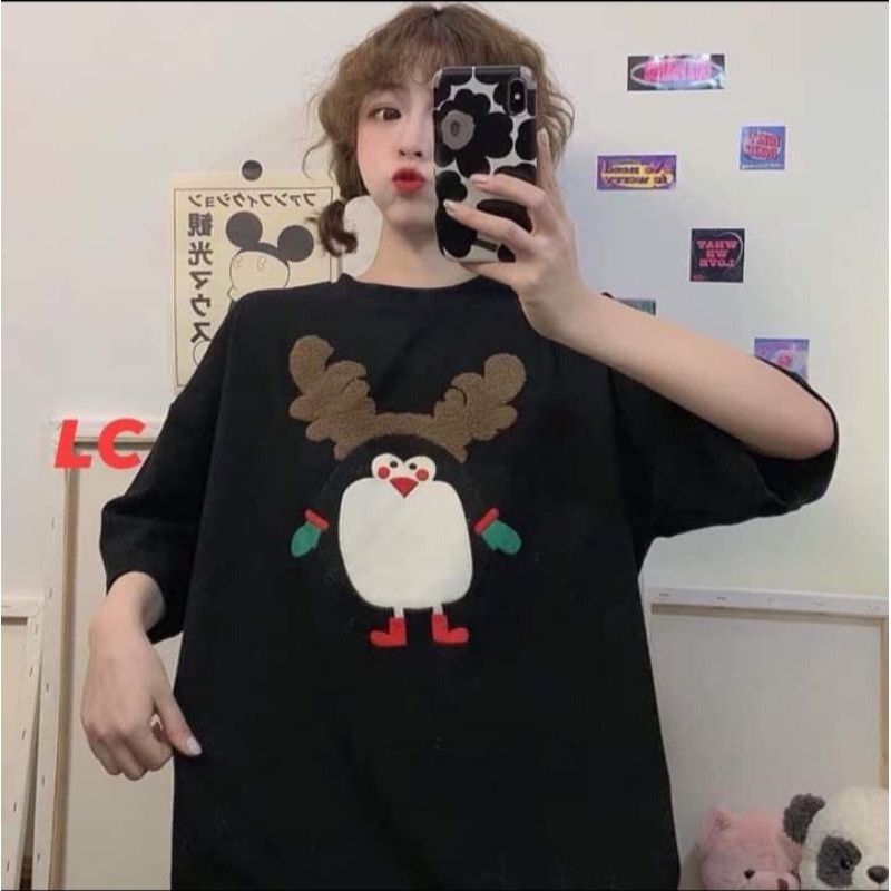 Áo thun tay lỡ Unisex Yinxx, áo phông tay ngắn thêu hình chim cánh cụt form rộng Hàn Quốc ATL16