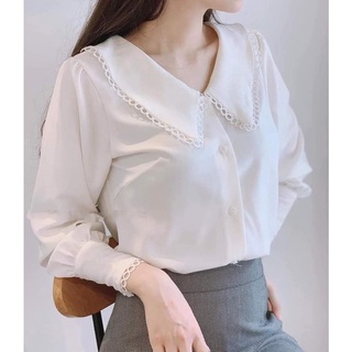 Áo sơ mi trắng dài tay ren lỗ cổ v