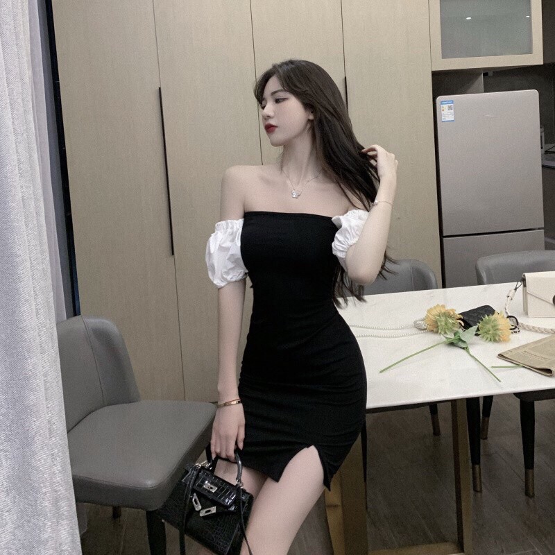 váy trễ vai body phối tay bo chun phồng trắng