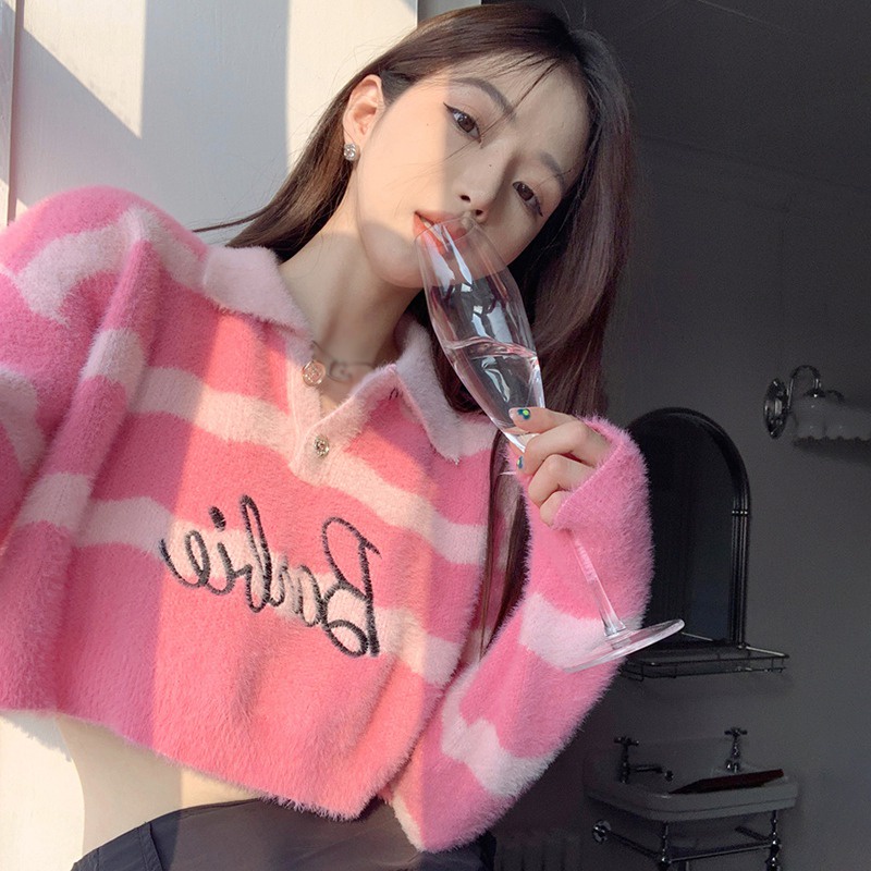 Áo Croptop Dệt Kim Tay Dài Dáng Rộng Họa Tiết Kẻ Sọc Màu Tương Phản Phong Cách Hàn Quốc Thời Trang Cho Nữ