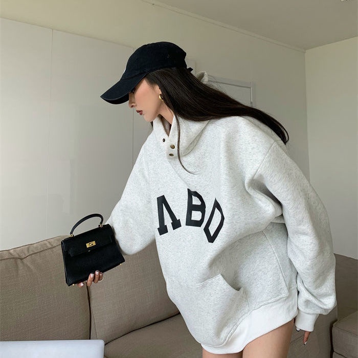 COZOK Áo Hoodie tay dài form rộng theo phong cách retro Hàn Quốc