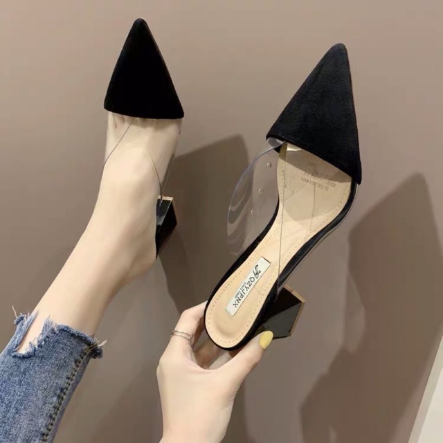 Sz 34-39 Guốc sục da lộn phối trong, mũi nhọn gót vuông 6cm