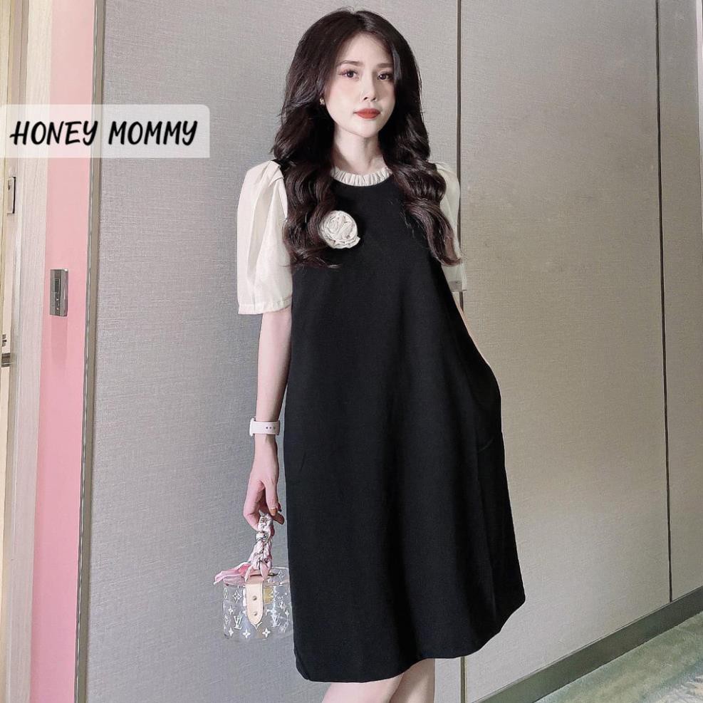 Váy Bầu Hè Công Sở Tay Voan Đính Hoa Ngực Sang Chảnh HD2610 Honey Mommy Đầm Bầu Công Sở Hè 👑 👑