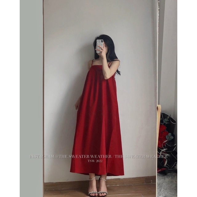 Váy hai dây maxi dáng suông rộng chun sau đen đỏ đi biển đi du lịch