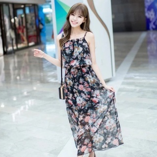 Đầm Maxi 2 Dây Họa Tiết Hoa (Đen)