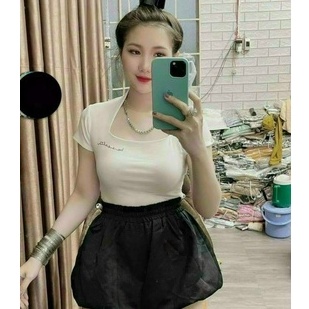 Áo cổ vuông tay ngắn thêu chữ viền cổ cực xinh chất thun bozip mềm mịn