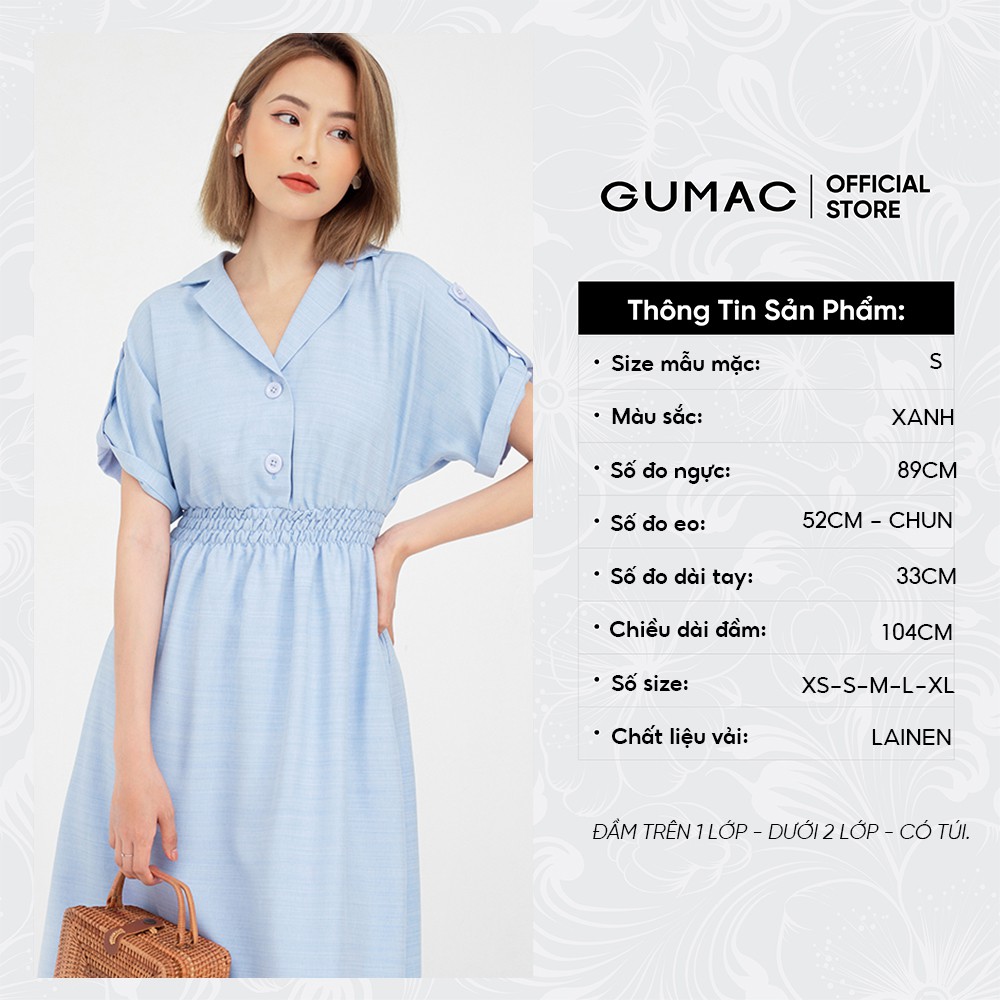 [Mã MABR07062 giảm 8% tối đa 50K đơn từ 249K] Đầm nữ thiết kế eo chun cổ lật GUMAC màu xanh DB572 | BigBuy360 - bigbuy360.vn