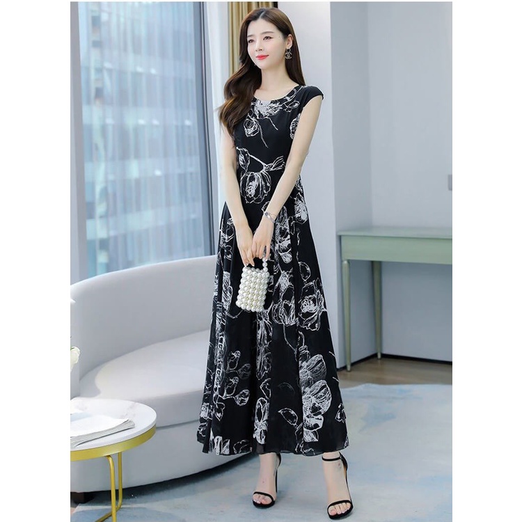 Đầm maxi hoa trắng đen  KHNGS 295