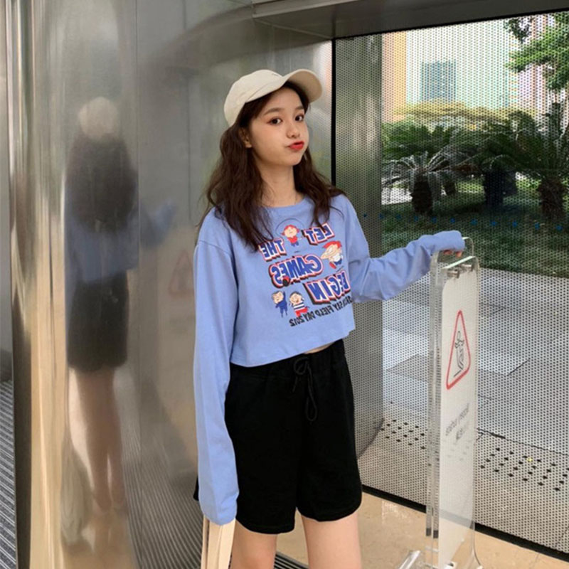 IELGY Áo Thun Tay Dài In Họa Tiết Màu Xanh Dương Thời Trang Hàn Quốc Cho Nữ