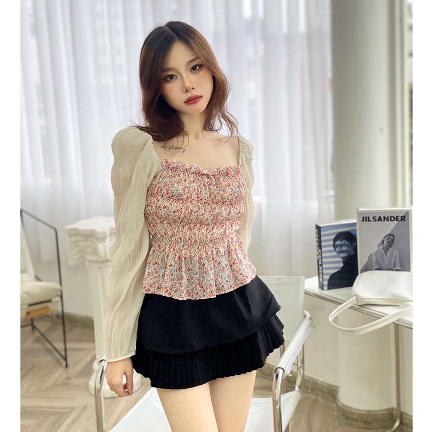 LOVI SHOP - Áo kiểu hoa nhí nhún phối tay voan dài tiểu thư xinh xắn nhiều màu  nhà LOVI
