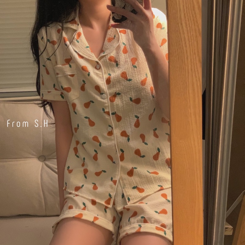 [ Ảnh thật ] Bộ ngủ pyjama cổ vét chất đũi xốp in hình cute