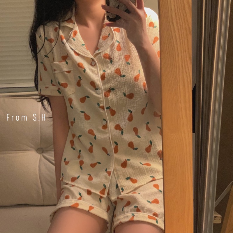 [ Ảnh thật ] Bộ ngủ pyjama cổ vét chất đũi xốp in hình cute