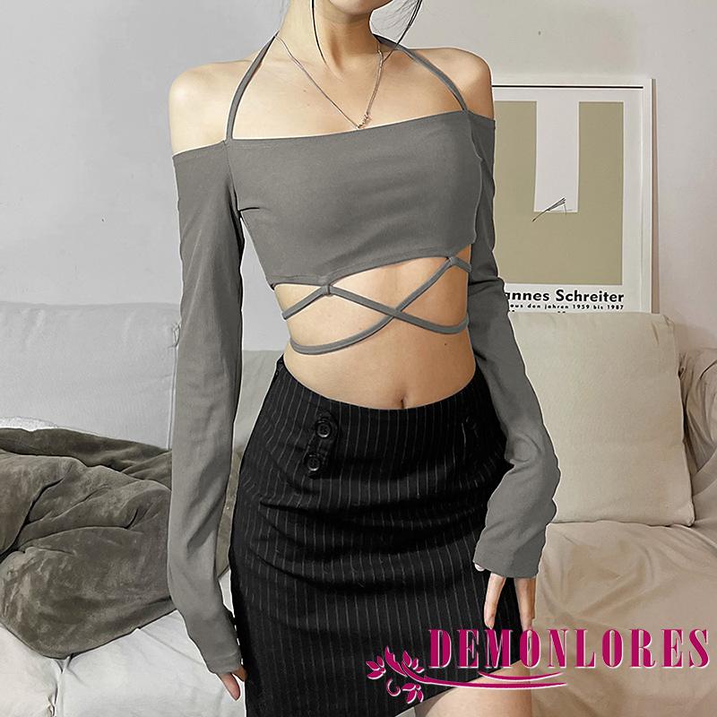 DEMQ-Women Solid Color Halter Neck Off Shoulder Long Sleeve Bandage Korean Style Crop Tops