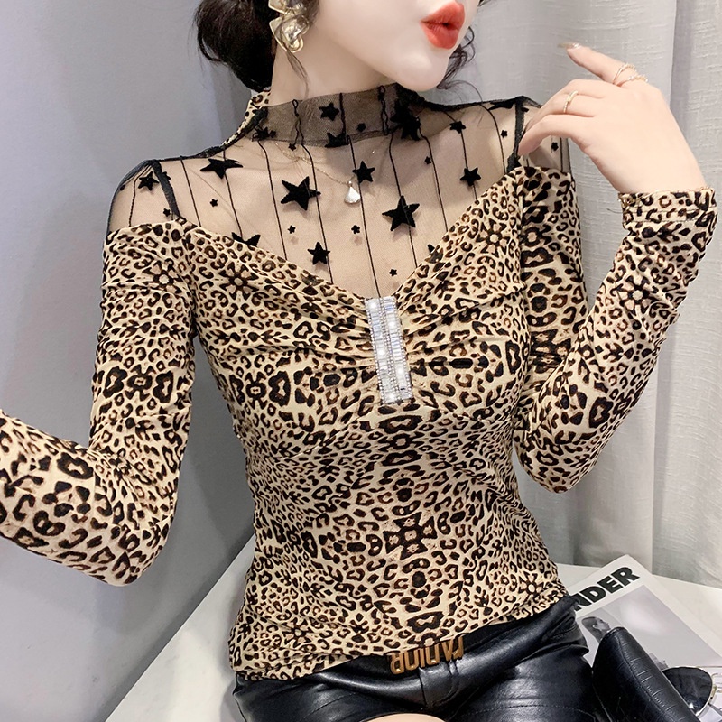 Áo kiểu trễ vai áo lưới dài tay In Họa Tiết Da Báo Phối Ren Phong Cách Mới
