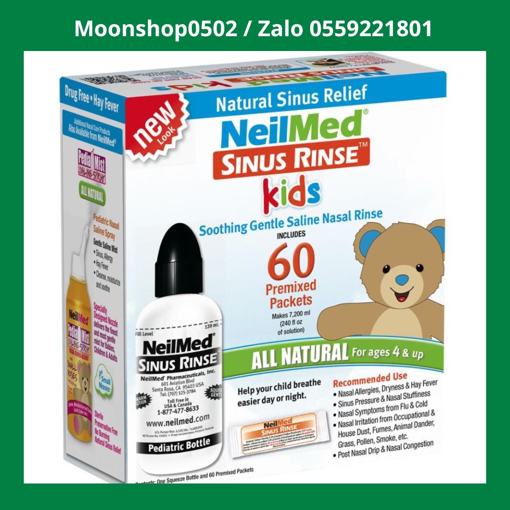 Muối rửa mũi trẻ em , Bình rửa mũi 120ml cho bé , Neilmed Sinus Rinse Kids hộp 120 gói