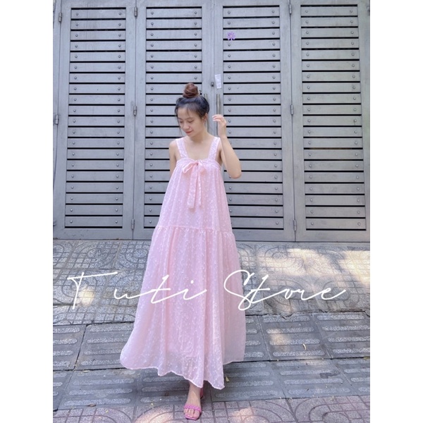 Đầm 2dây cột nơ tiểu thư MOCHI DRESS hồng