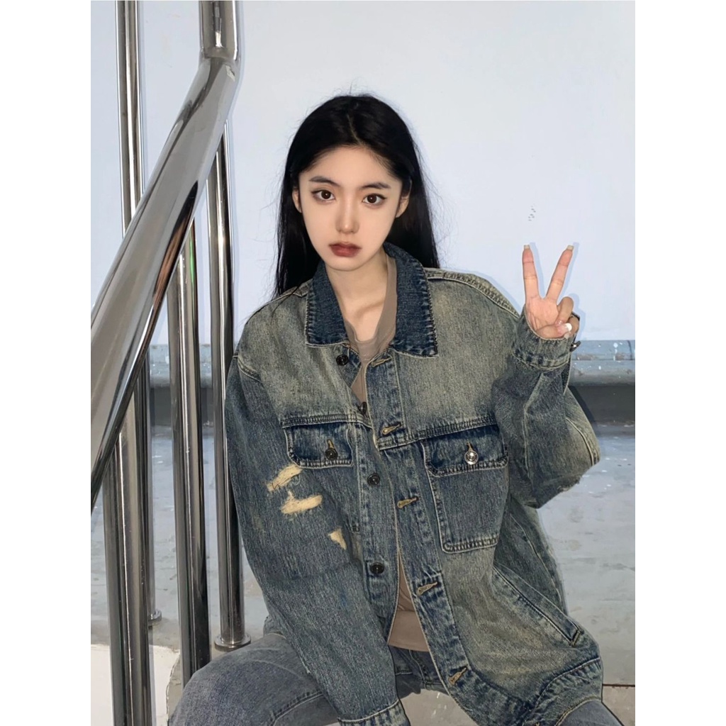 ☌♣☈Áo Khoác Denim Rách Dáng Rộng Phong Cách Retro Đường Phố Mùa Thu Cho Nữ